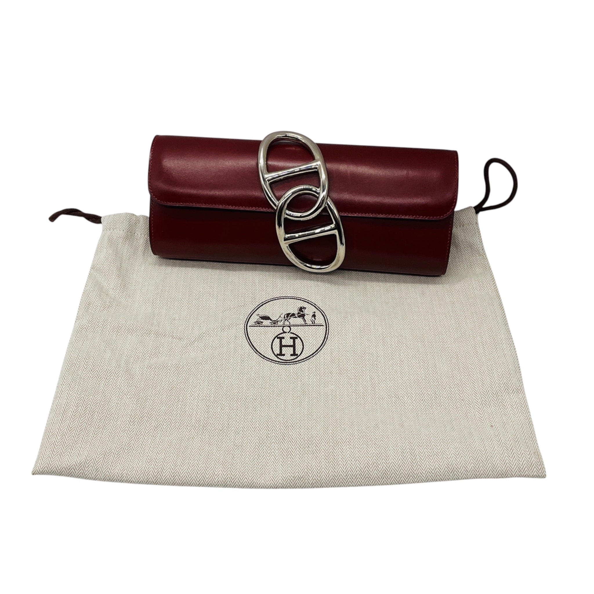 Hermes Red Leather Box Egee Clutch with Silver Chaine d'Ancre Closure