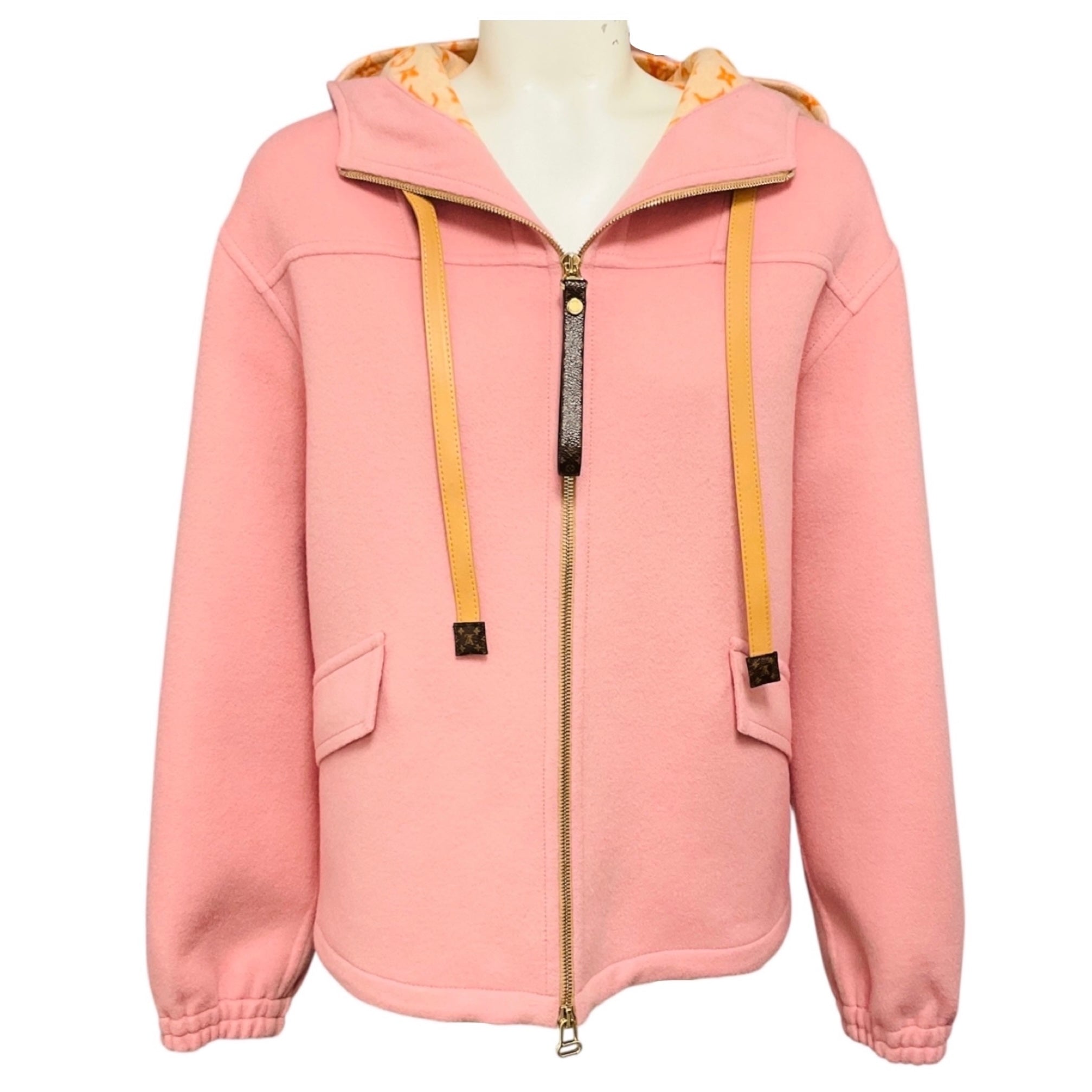 Louis Vuitton Pink Hooded Zip Front Wool Jacket with Brown Monogram Canvas Trim and Tan Lambskin Leather Details