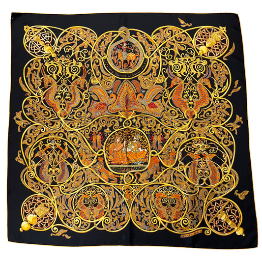 Hermes Black Multi La Charmante aux Animaux Print Square Silk Twill Scarf