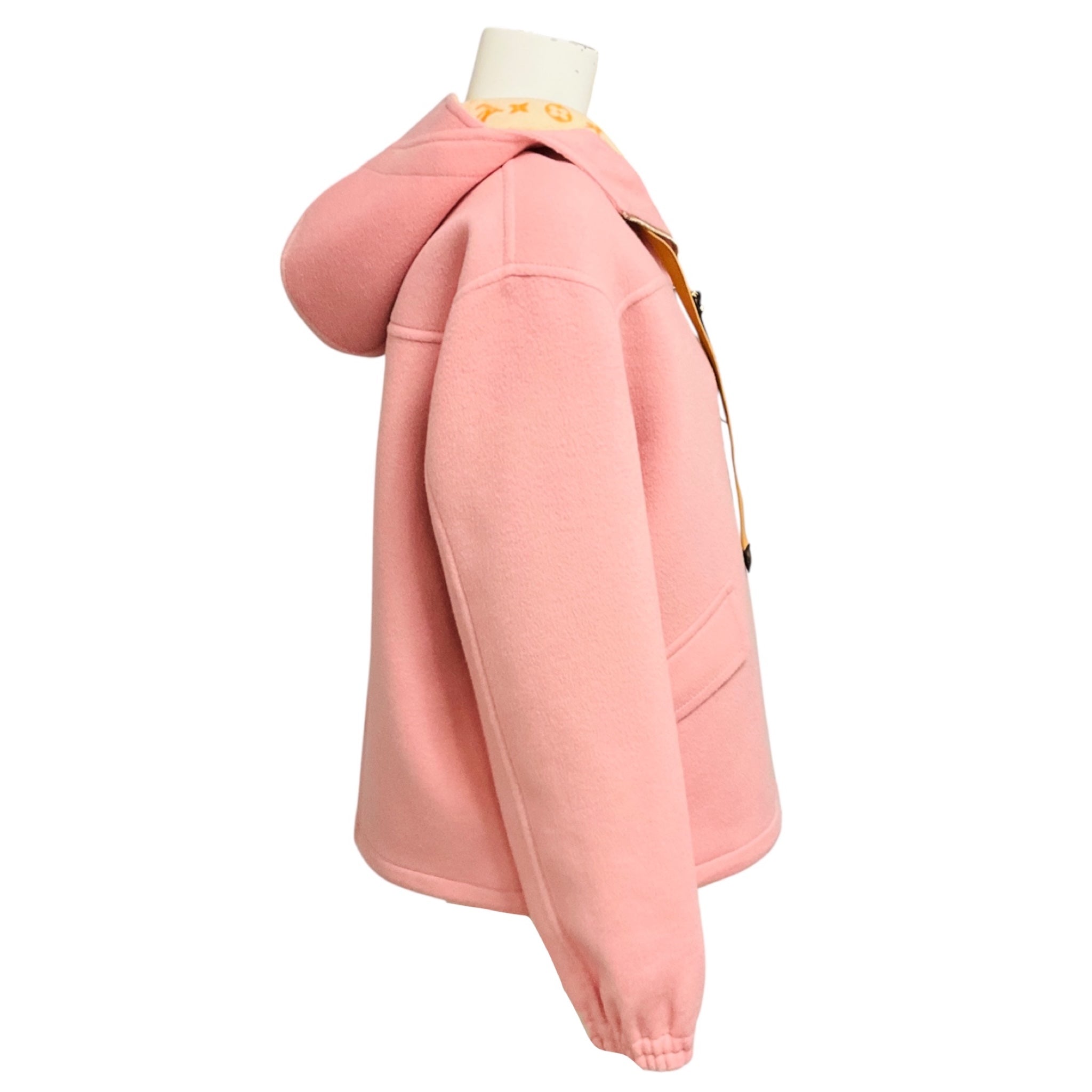 Louis Vuitton Pink Hooded Zip Front Wool Jacket with Brown Monogram Canvas Trim and Tan Lambskin Leather Details