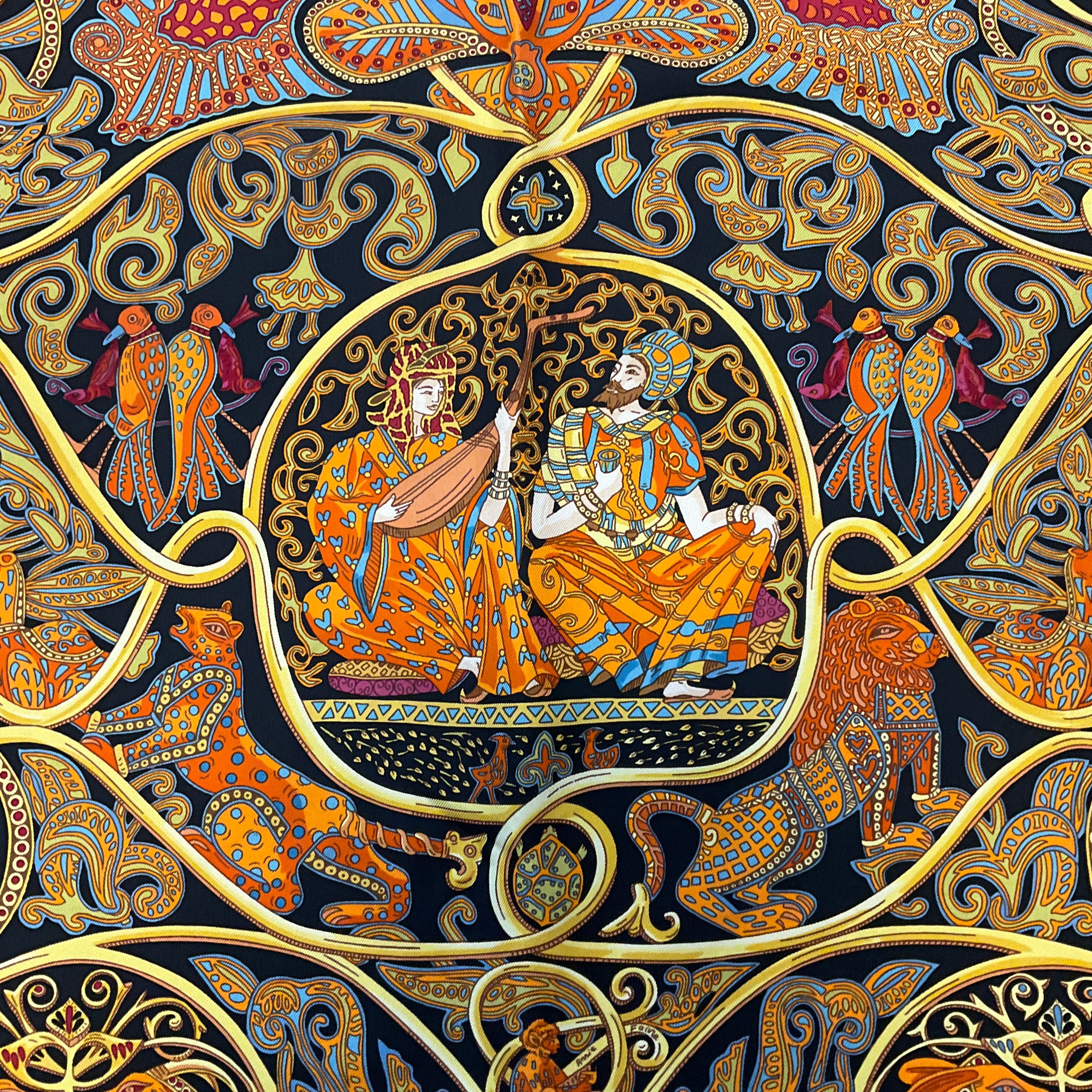 Hermes Black Multi La Charmante aux Animaux Print Square Silk Twill Scarf