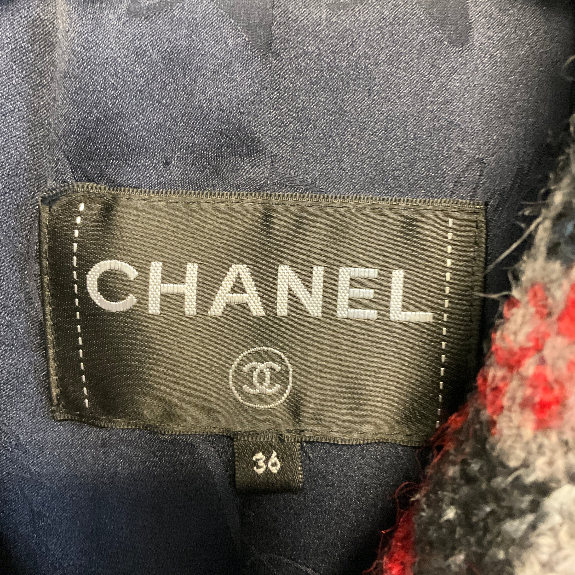 Chanel Red / Navy Blue Multi 2017 Double Breasted Wool Tweed Coat with CC Logo Buttons