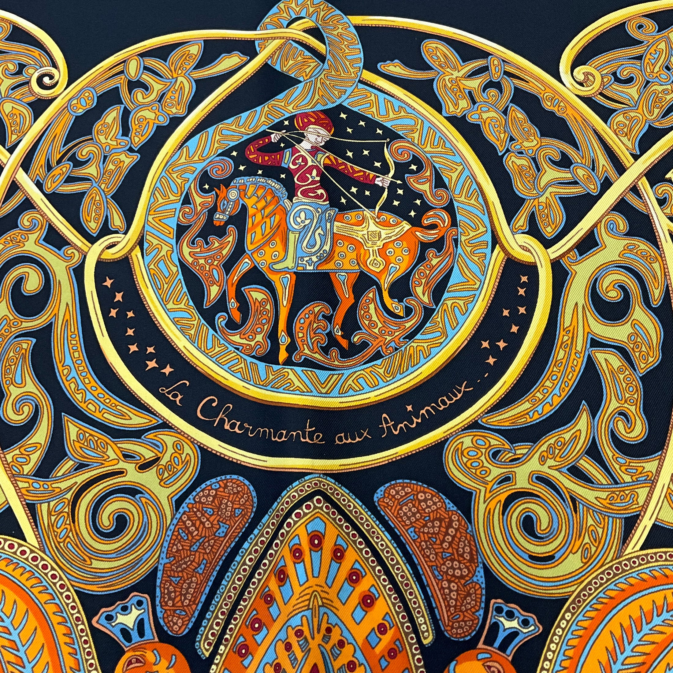 Hermes Black Multi La Charmante aux Animaux Print Square Silk Twill Scarf