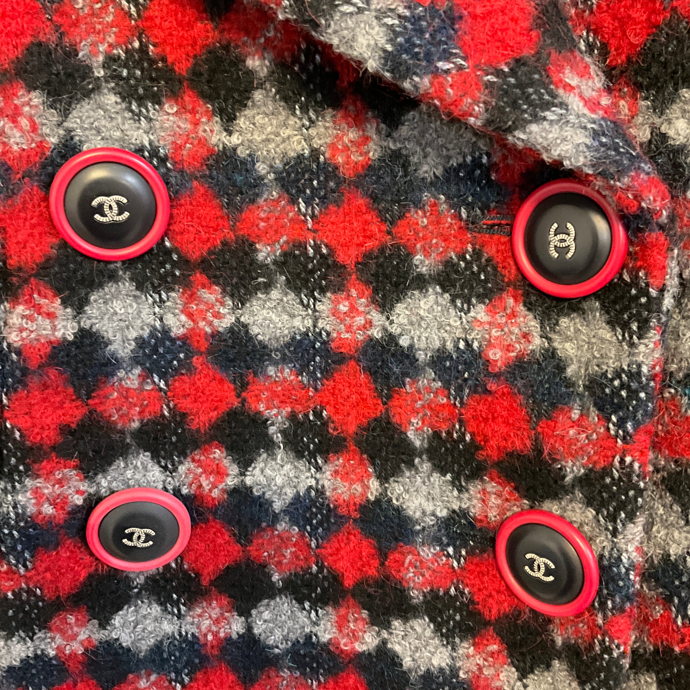 Chanel Red / Navy Blue Multi 2017 Double Breasted Wool Tweed Coat with CC Logo Buttons