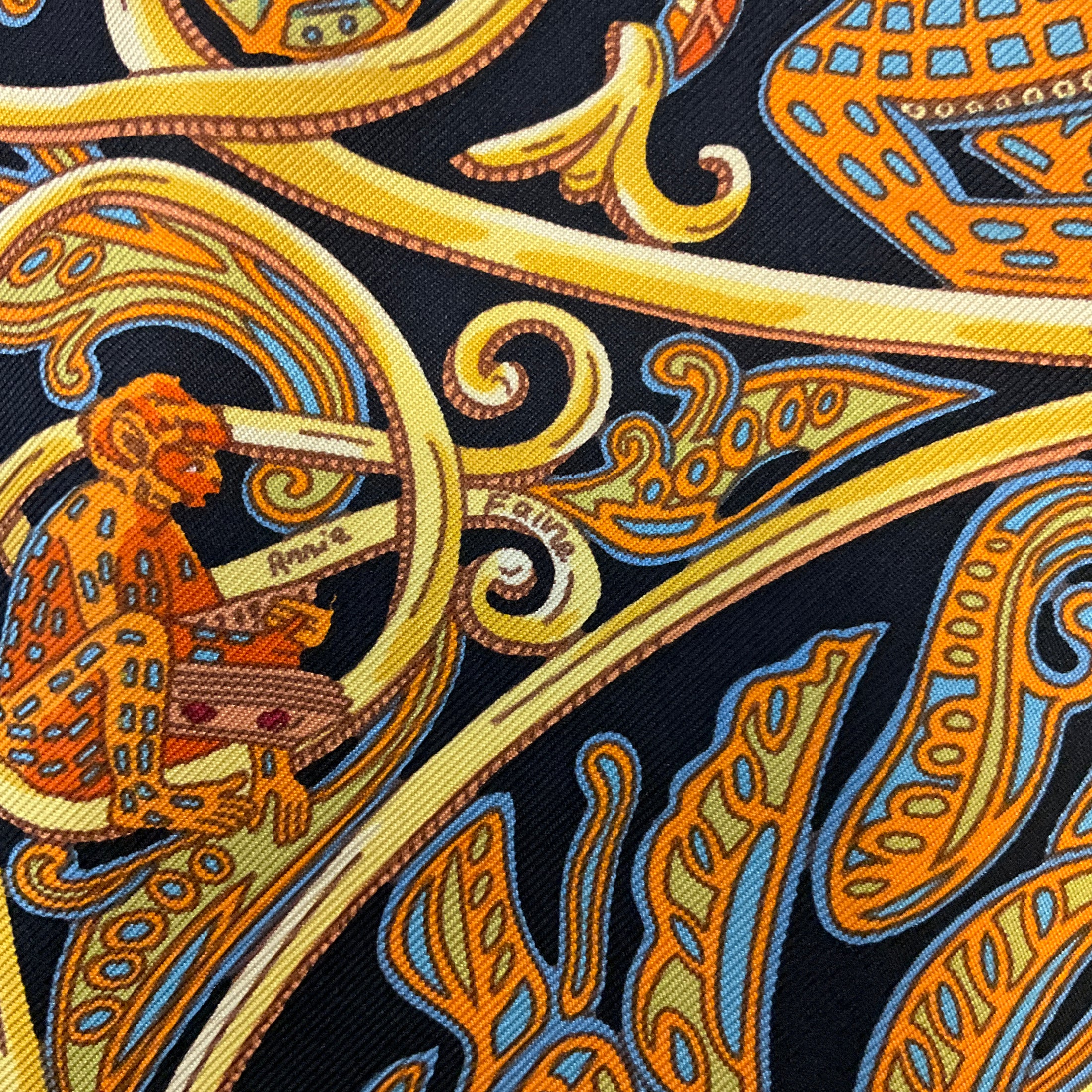 Hermes Black Multi La Charmante aux Animaux Print Square Silk Twill Scarf