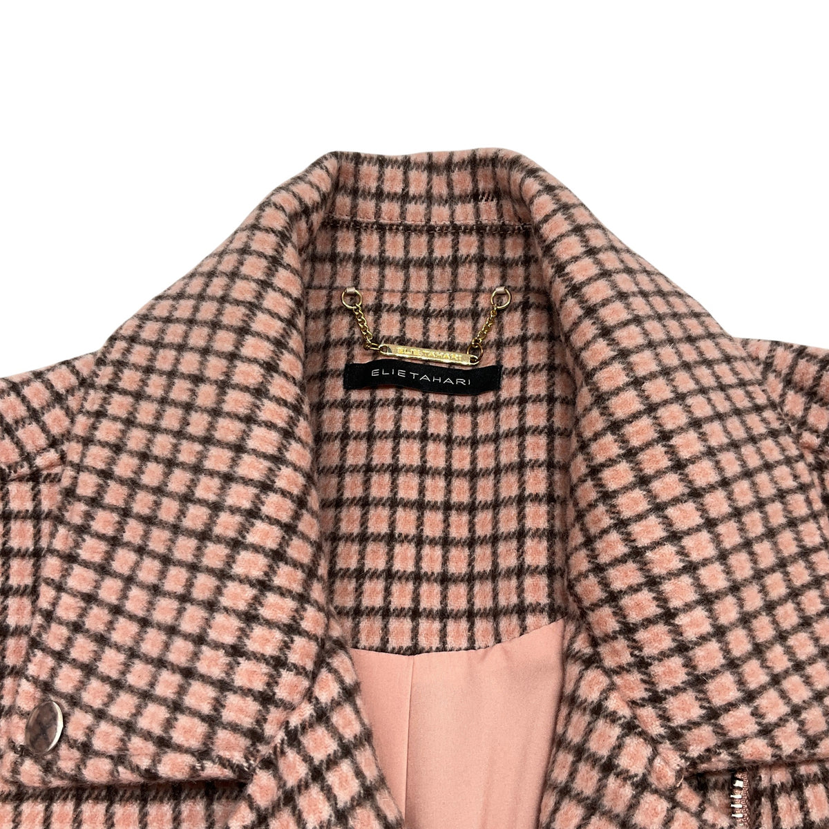 Elie Tahari Pink / Brown Wool Plaid Moto Jacket
