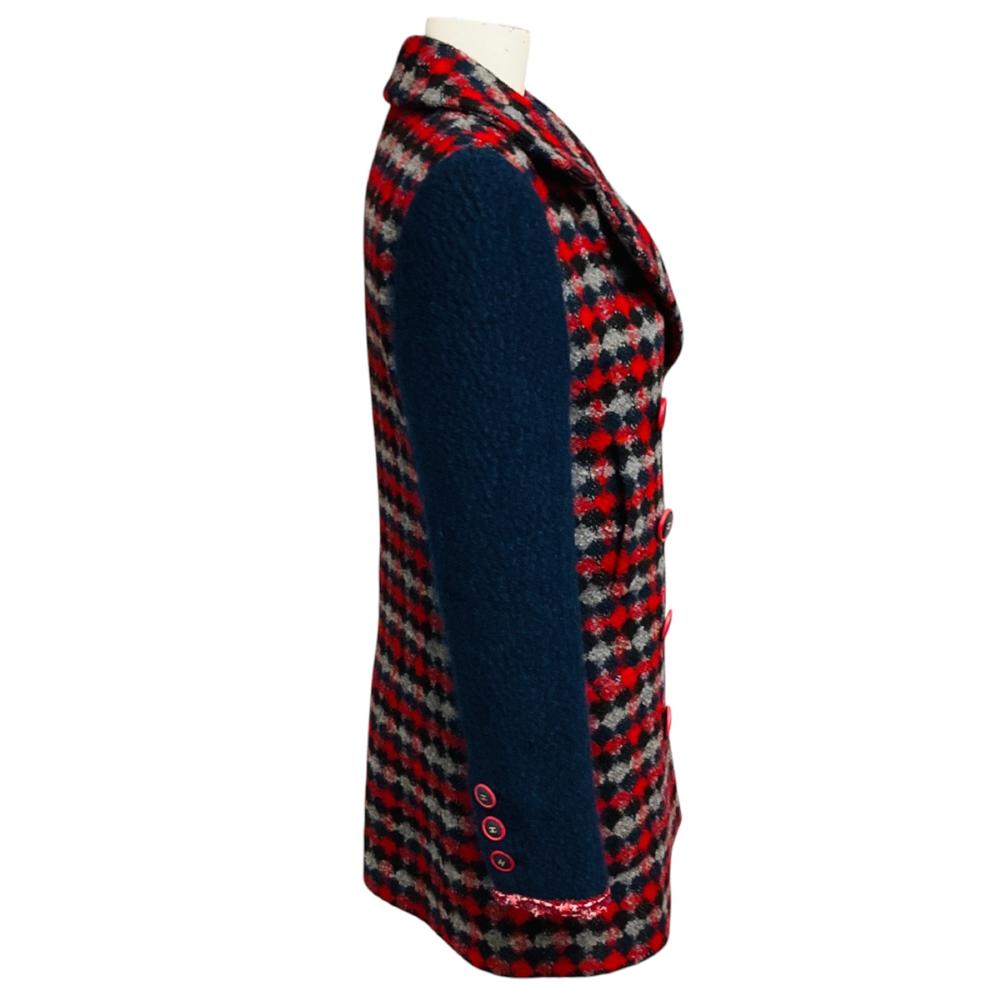 Chanel Red / Navy Blue Multi 2017 Double Breasted Wool Tweed Coat with CC Logo Buttons