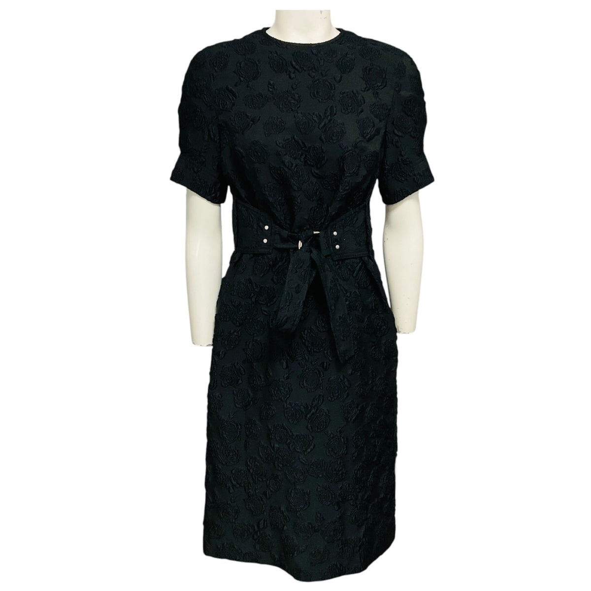 Calvin Klein 205W39NYC Black Short Sleeved Floral Rose Jacquard Midi Dress with Belt
