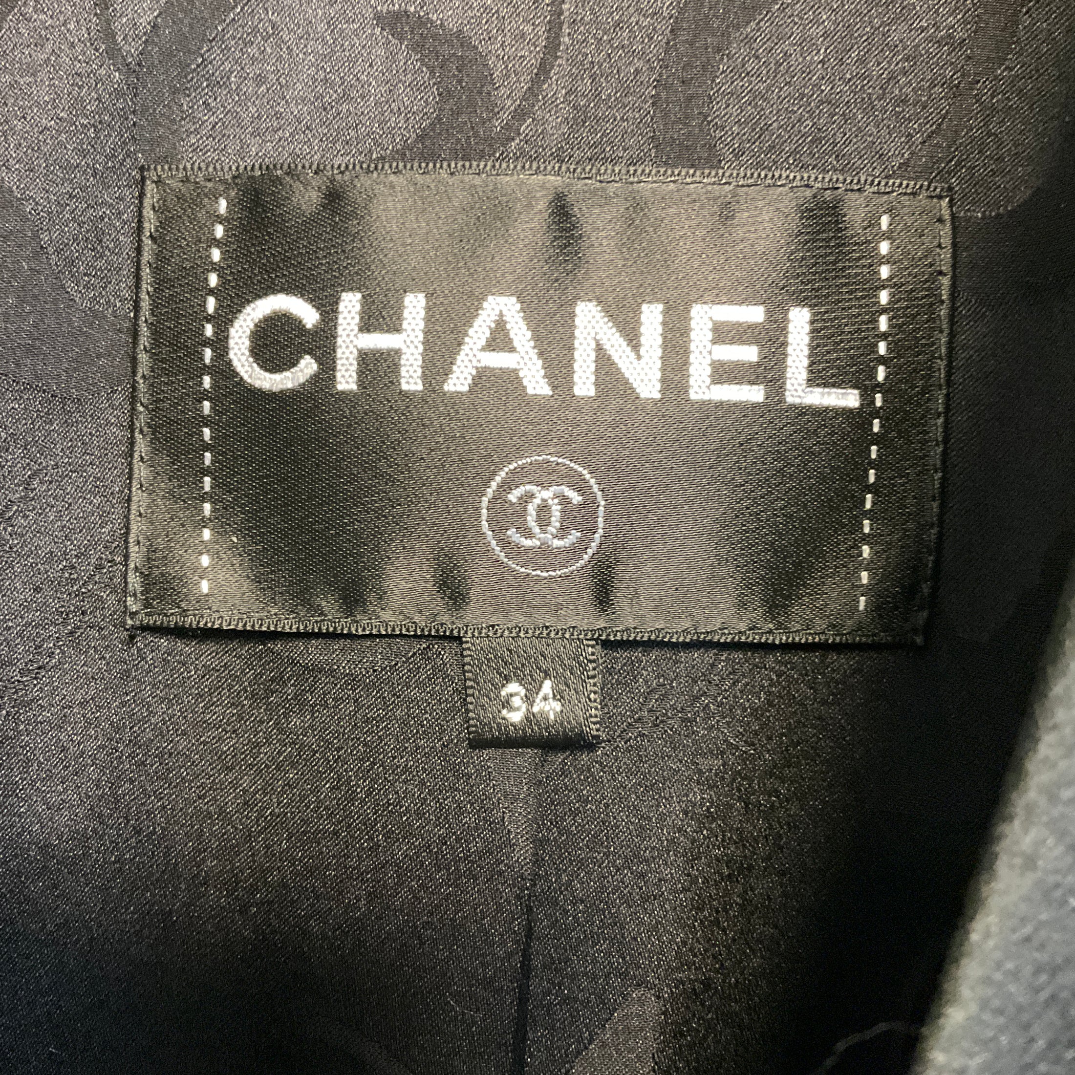 Chanel Black Silk Satin Trimmed Wool Tuxedo Style Coat with CC Logo Globe Buttons