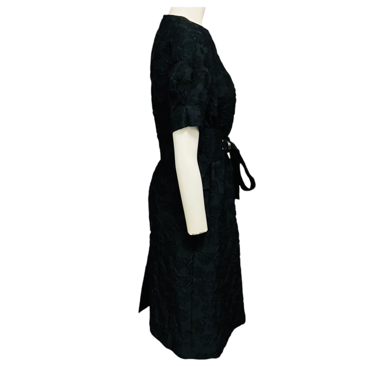 Calvin Klein 205W39NYC Black Short Sleeved Floral Rose Jacquard Midi Dress with Belt
