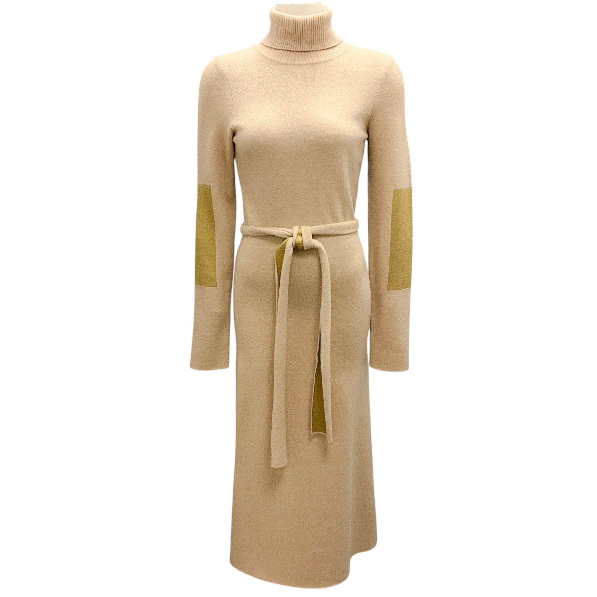 Victoria Beckham Tan / Gold Metallic Belted Wool Knit Midi Dress