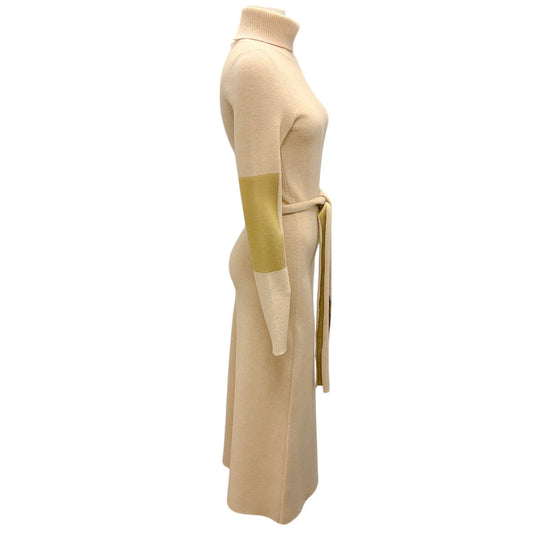 Victoria Beckham Tan / Gold Metallic Belted Wool Knit Midi Dress