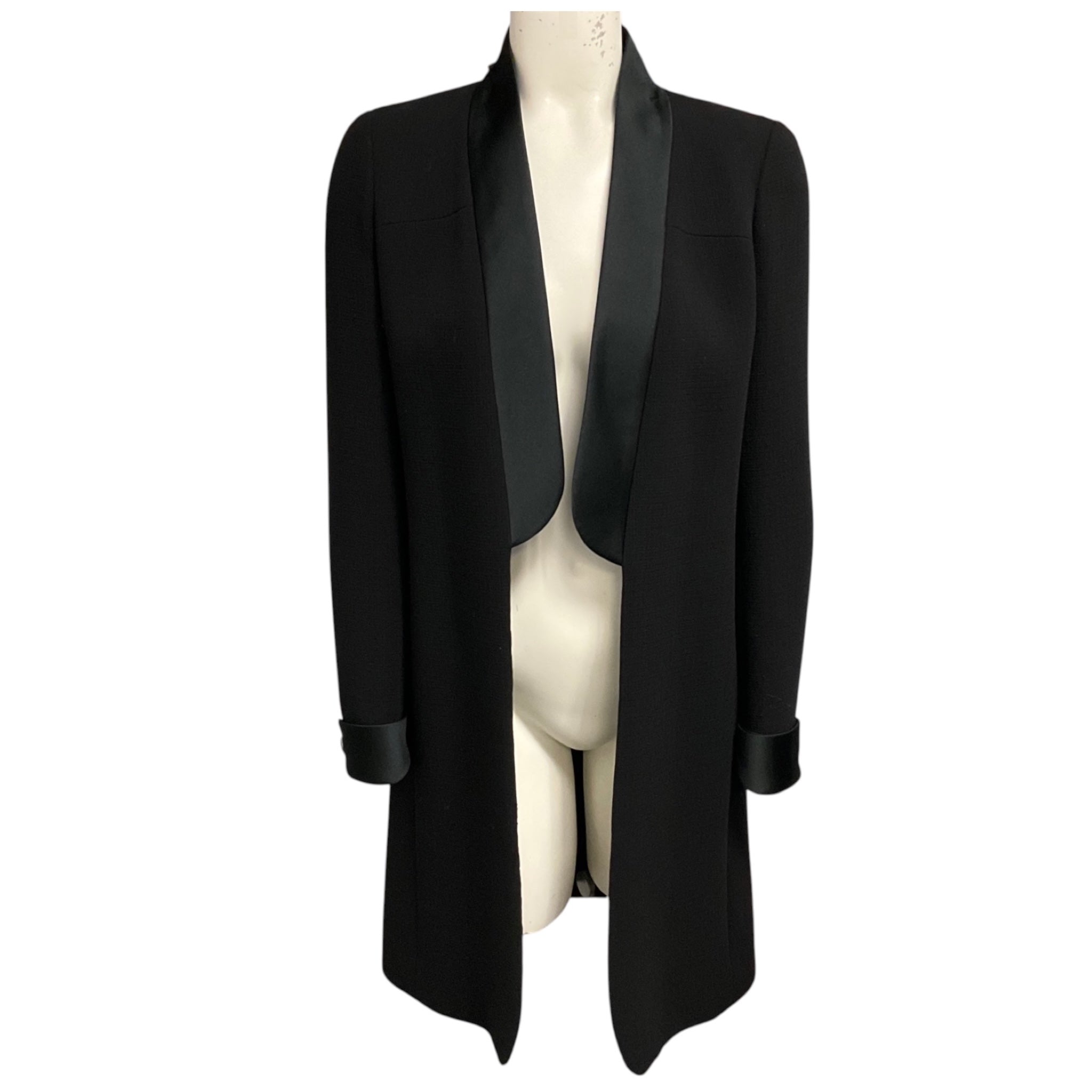 Chanel Black Silk Satin Trimmed Wool Tuxedo Style Coat with CC Logo Globe Buttons