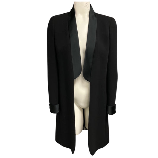 Chanel Black Silk Satin Trimmed Wool Tuxedo Style Coat with CC Logo Globe Buttons