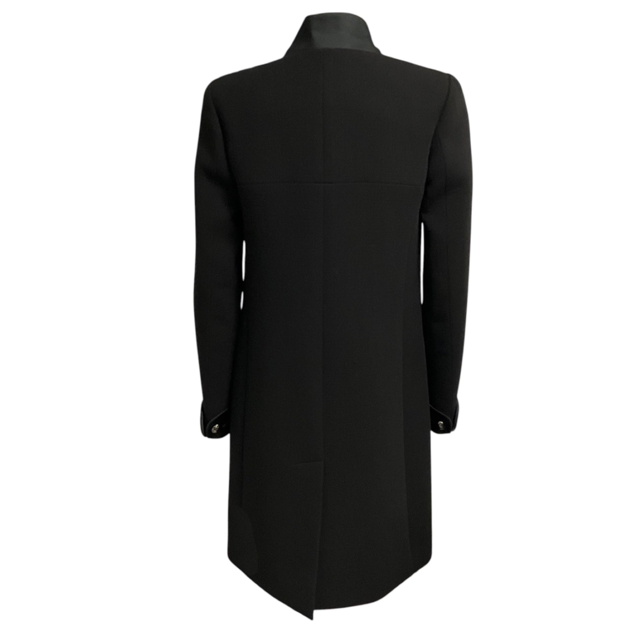 Chanel Black Silk Satin Trimmed Wool Tuxedo Style Coat with CC Logo Globe Buttons