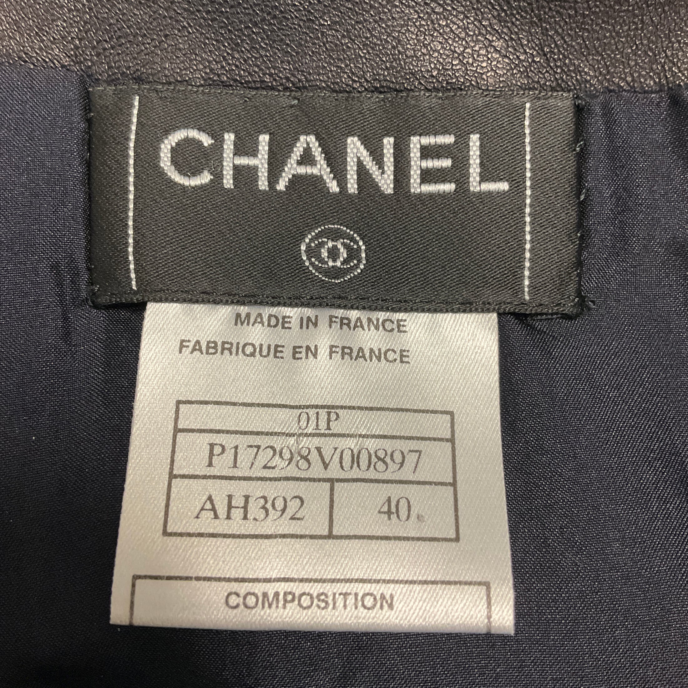 Chanel Vintage 2001 Dark Navy Blue Silk Lined Lambskin Leather Skirt with Logo Plate and Pleated Detail