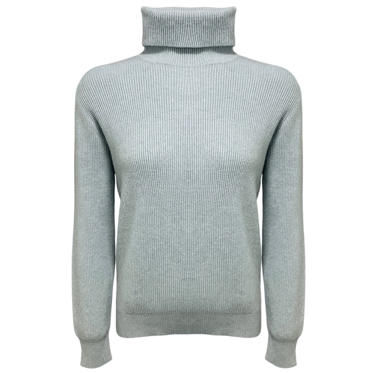 Brunello Cucinelli Light Blue Cashmere Knit Turtleneck Sweater with Monili