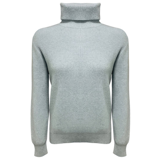 Brunello Cucinelli Light Blue Cashmere Knit Turtleneck Sweater with Monili