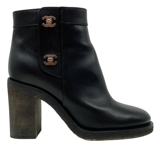 Chanel Black Leather CC Turn-Lock Ankle Boots