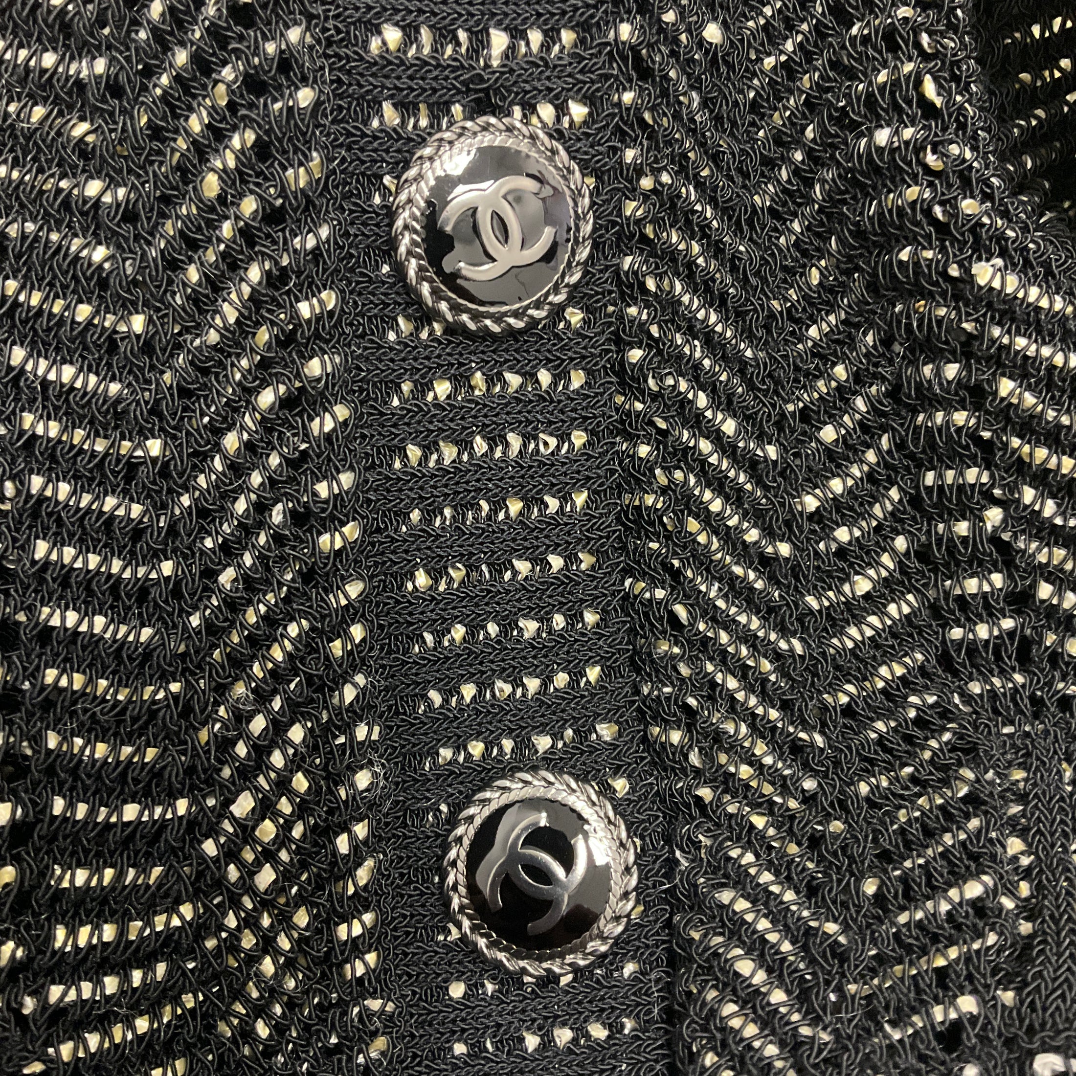 Chanel Black / Golden 2018 Frill Sleeve Crochet Knit Cardigan with CC Logo Buttons