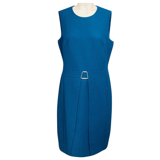 Akris Blue / Silver Buckle Detail Front Pleat Sleeveless Linen and Wool Gauze Dress