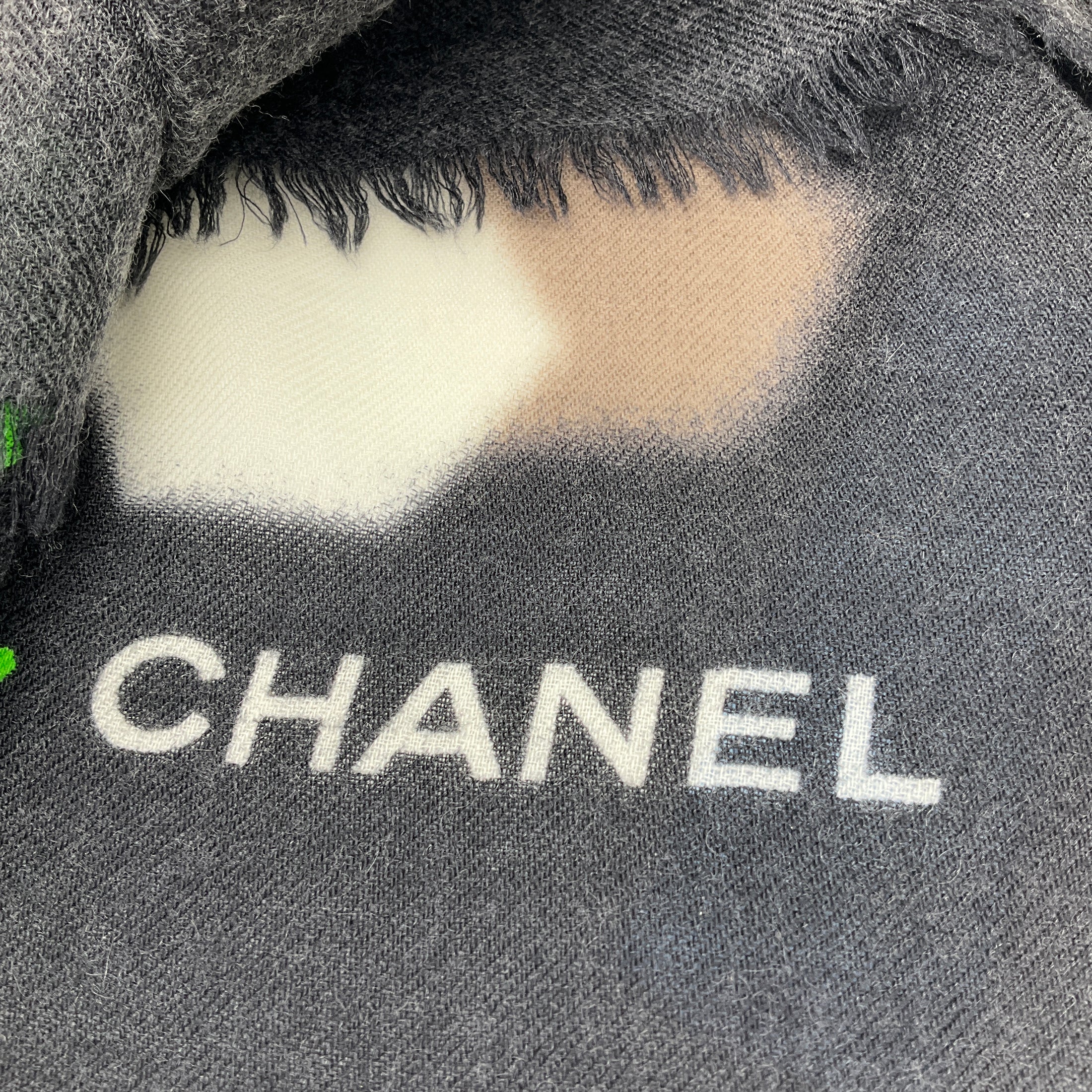 Chanel Beige / Charcoal Grey Multi Snowflake Motif Cashmere Scarf