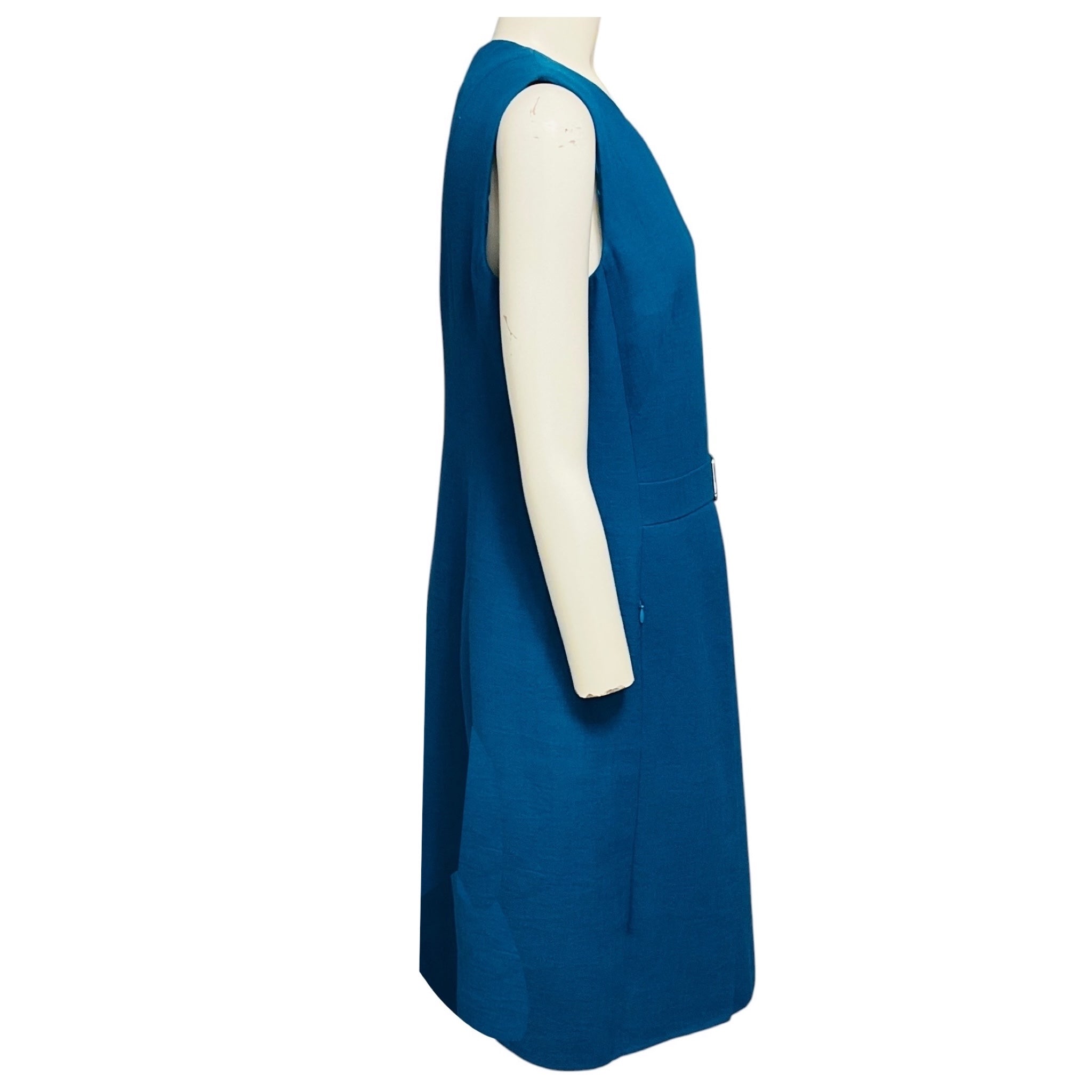 Akris Blue / Silver Buckle Detail Front Pleat Sleeveless Linen and Wool Gauze Dress