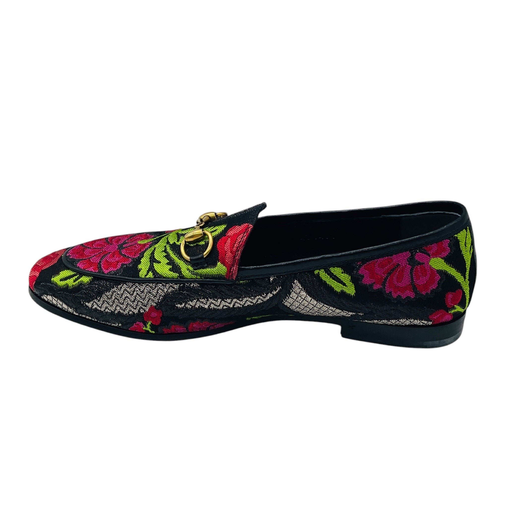 Gucci Black / Pink Multi Floral Embroidered Brocade Fabric Jordaan Horsebit Slip On Loafers