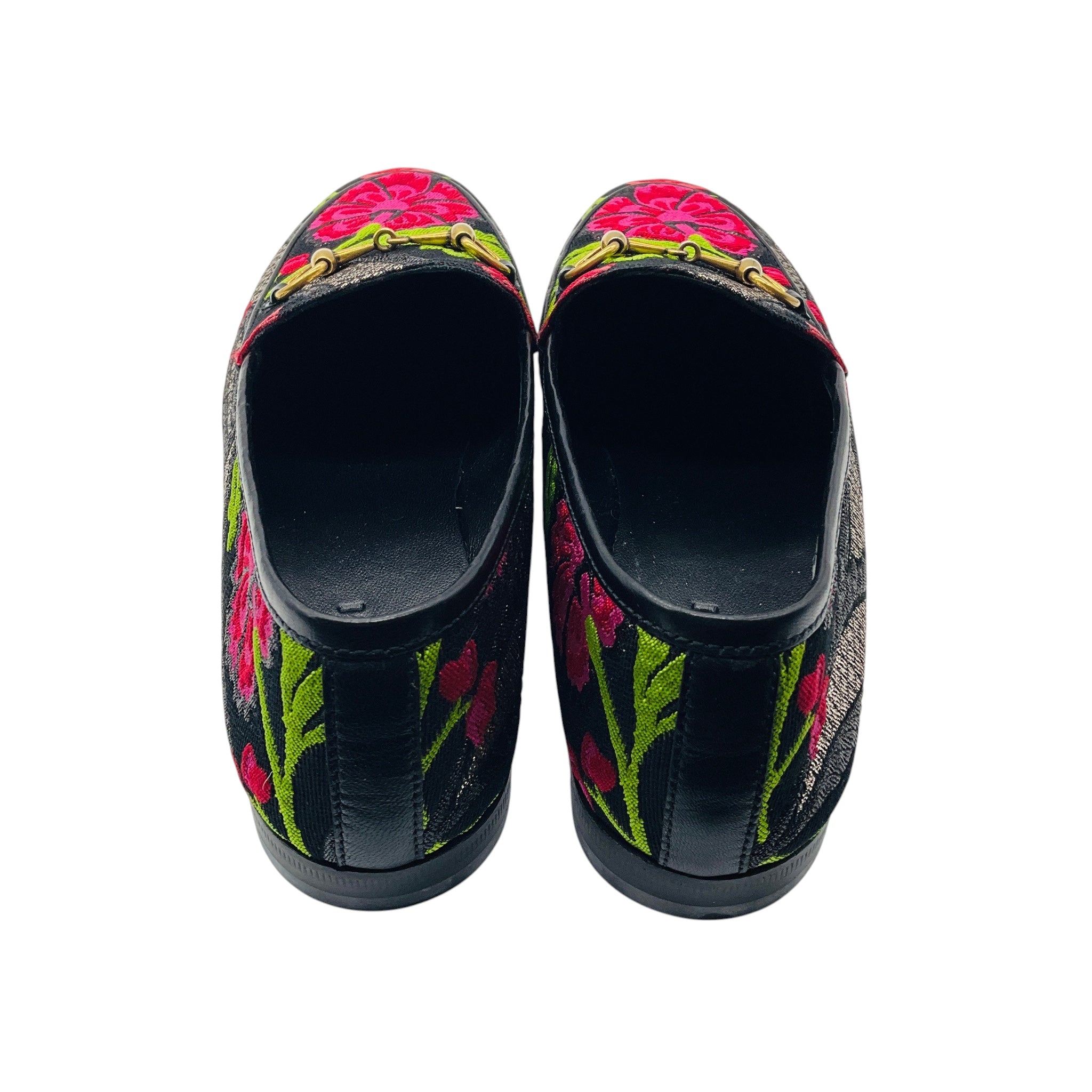 Gucci Black / Pink Multi Floral Embroidered Brocade Fabric Jordaan Horsebit Slip On Loafers