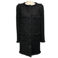 Load image into Gallery viewer, Chanel Black 2008 Silk Ribbon Trimmed Wool and Cashmere Coat with Chain Detailed CC Logo Buttons
