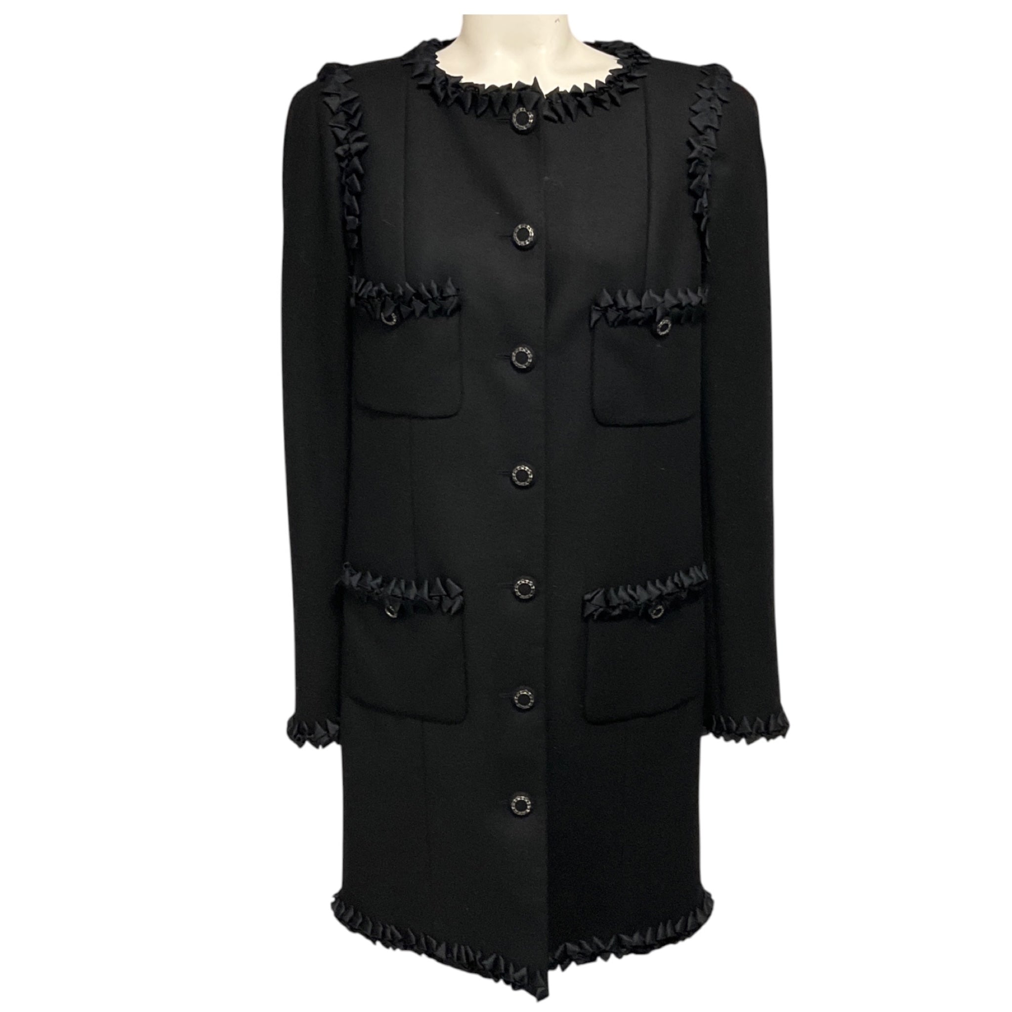 Chanel Black 2008 Silk Ribbon Trimmed Wool and Cashmere Coat with Chain Detailed CC Logo Buttons
