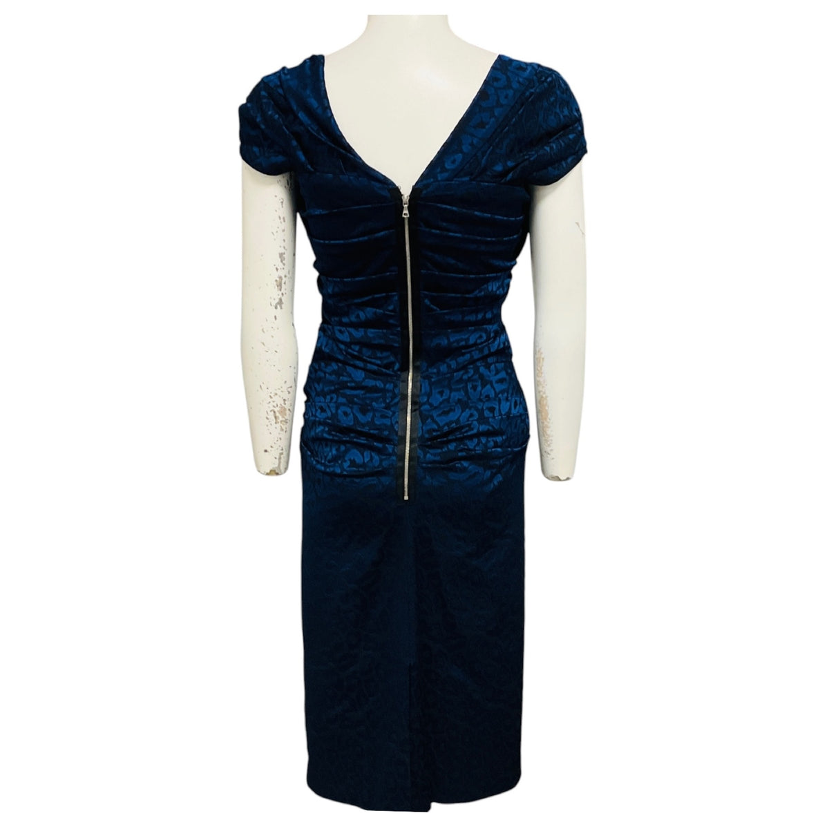 Talbot Runhof Blue Metallic Ruched Leopard Jacquard Cocktail Dress