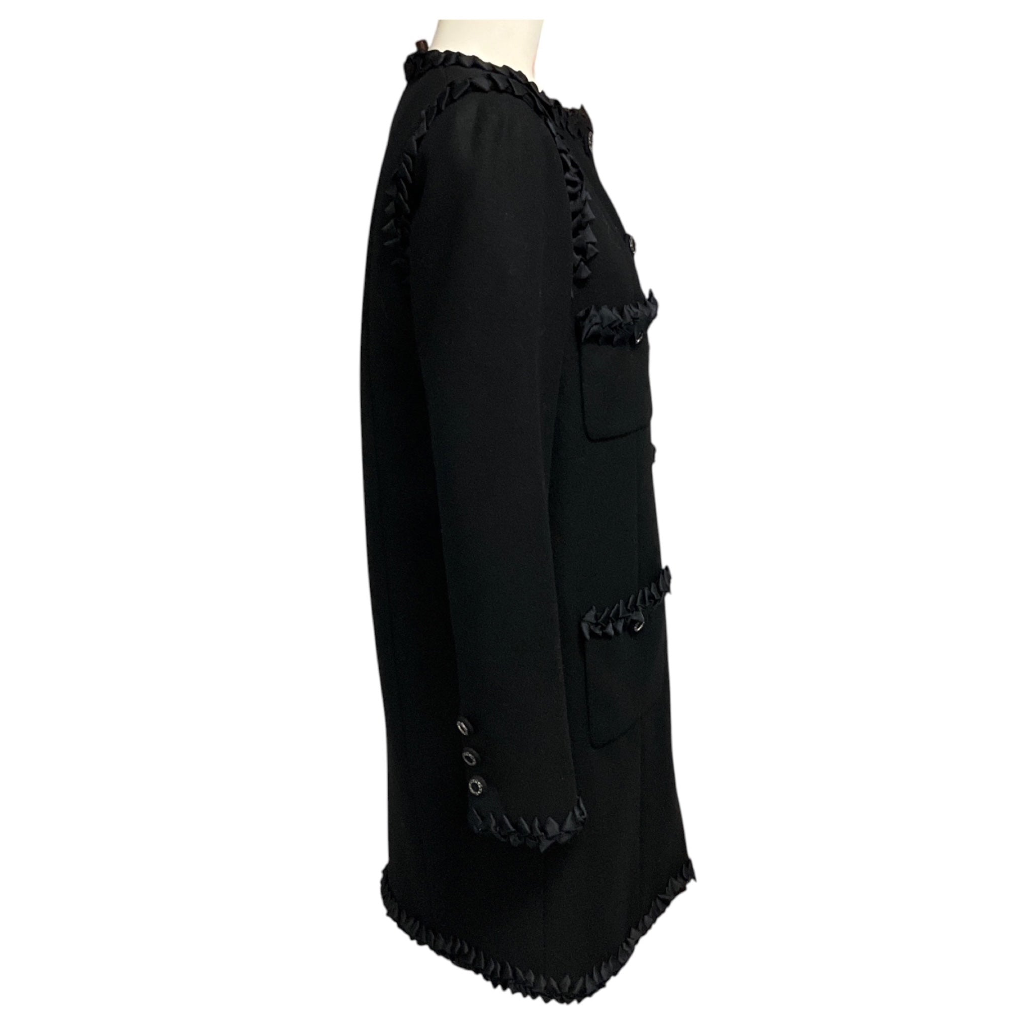 Chanel Black 2008 Silk Ribbon Trimmed Wool and Cashmere Coat with Chain Detailed CC Logo Buttons