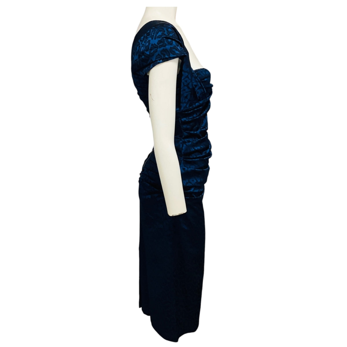Talbot Runhof Blue Metallic Ruched Leopard Jacquard Cocktail Dress