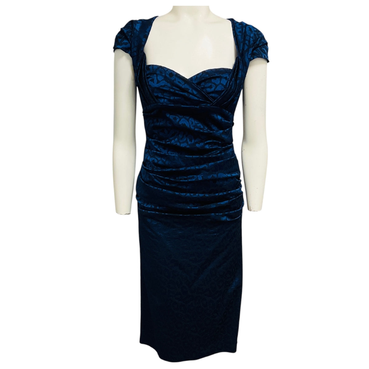 Talbot Runhof Blue Metallic Ruched Leopard Jacquard Cocktail Dress