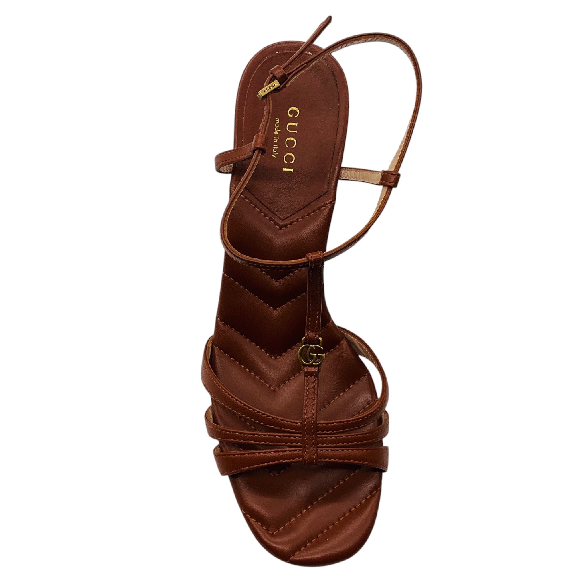 Gucci Brown / Antiqued Gold GG Logo Quilted Leather Sandals