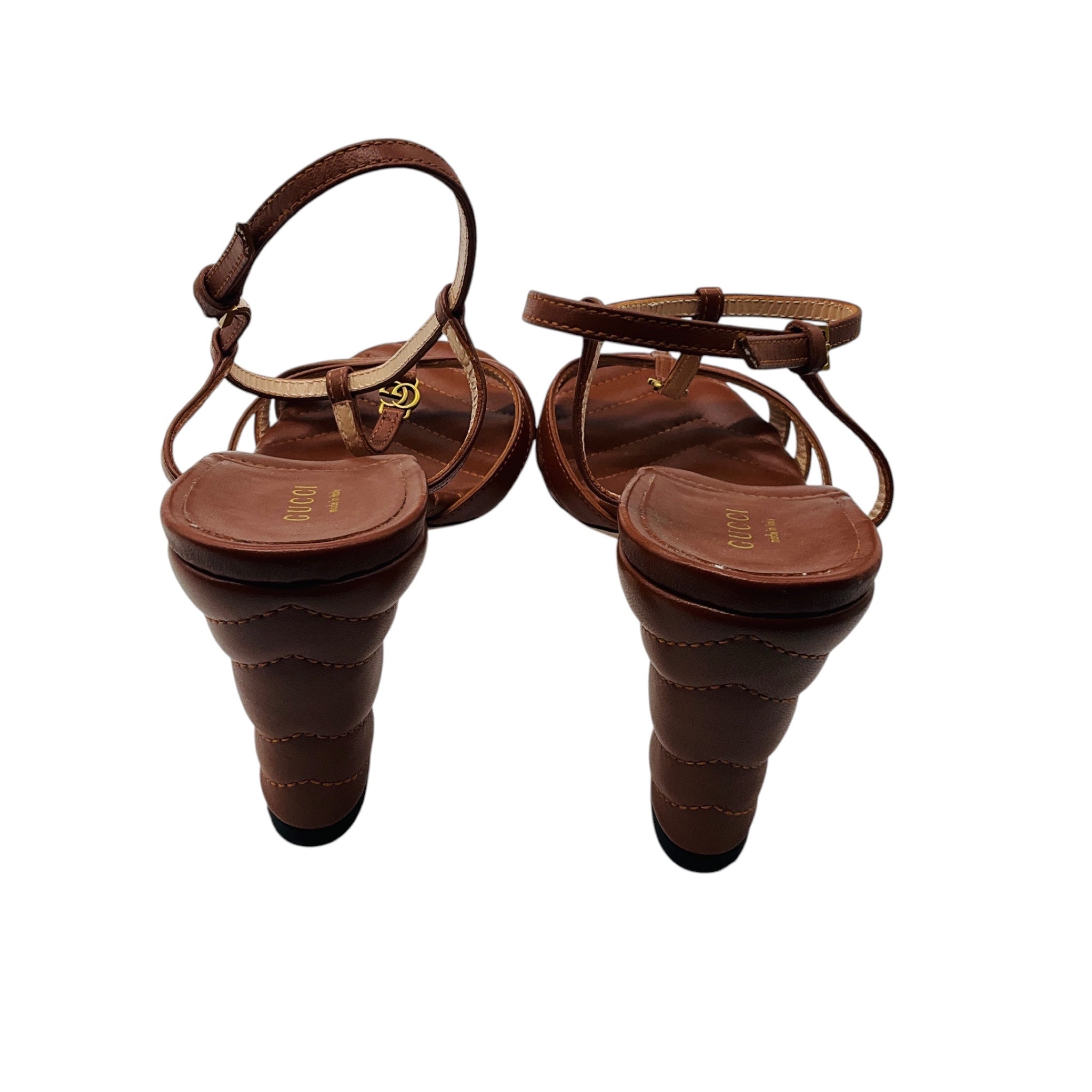 Gucci Brown / Antiqued Gold GG Logo Quilted Leather Sandals