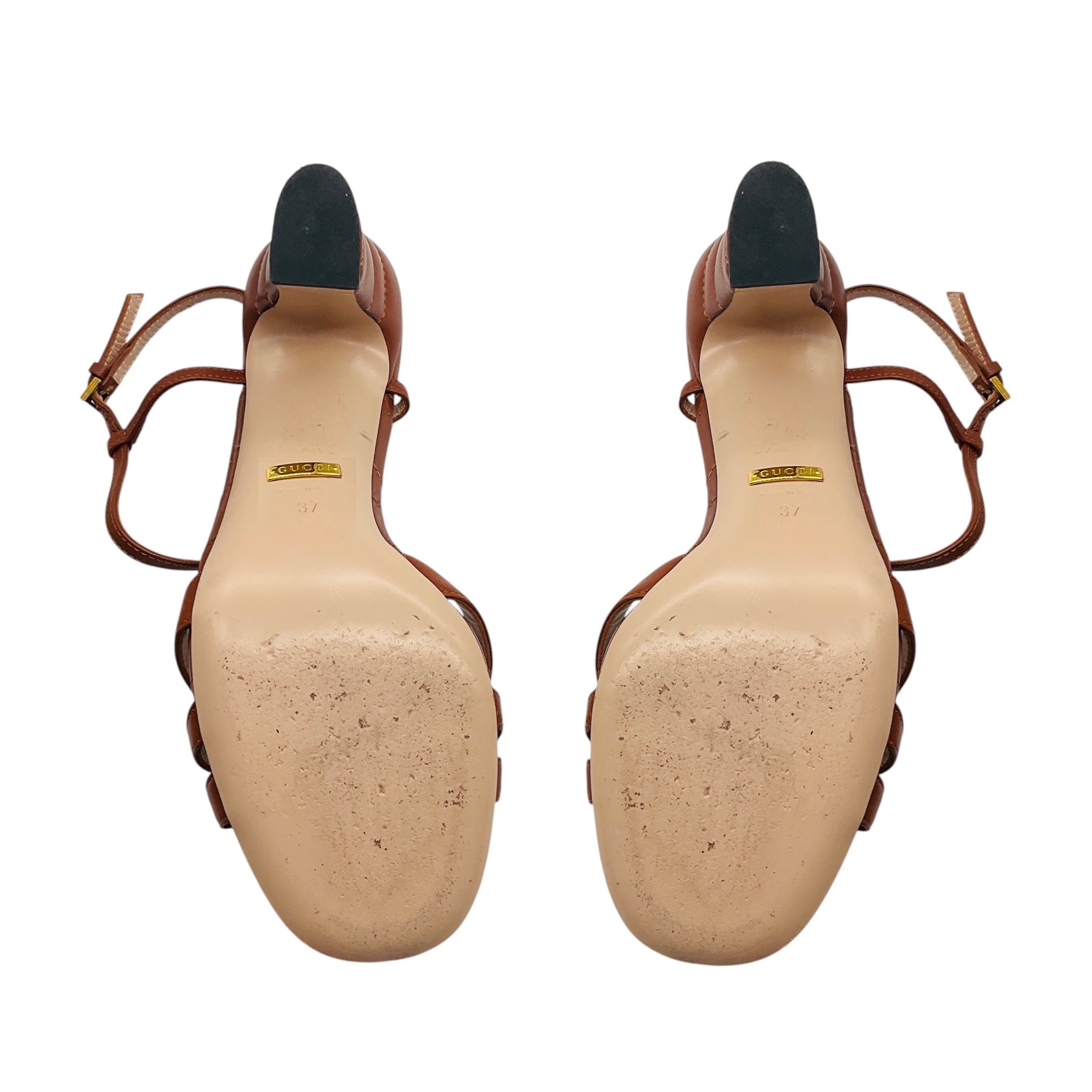 Gucci Brown / Antiqued Gold GG Logo Quilted Leather Sandals