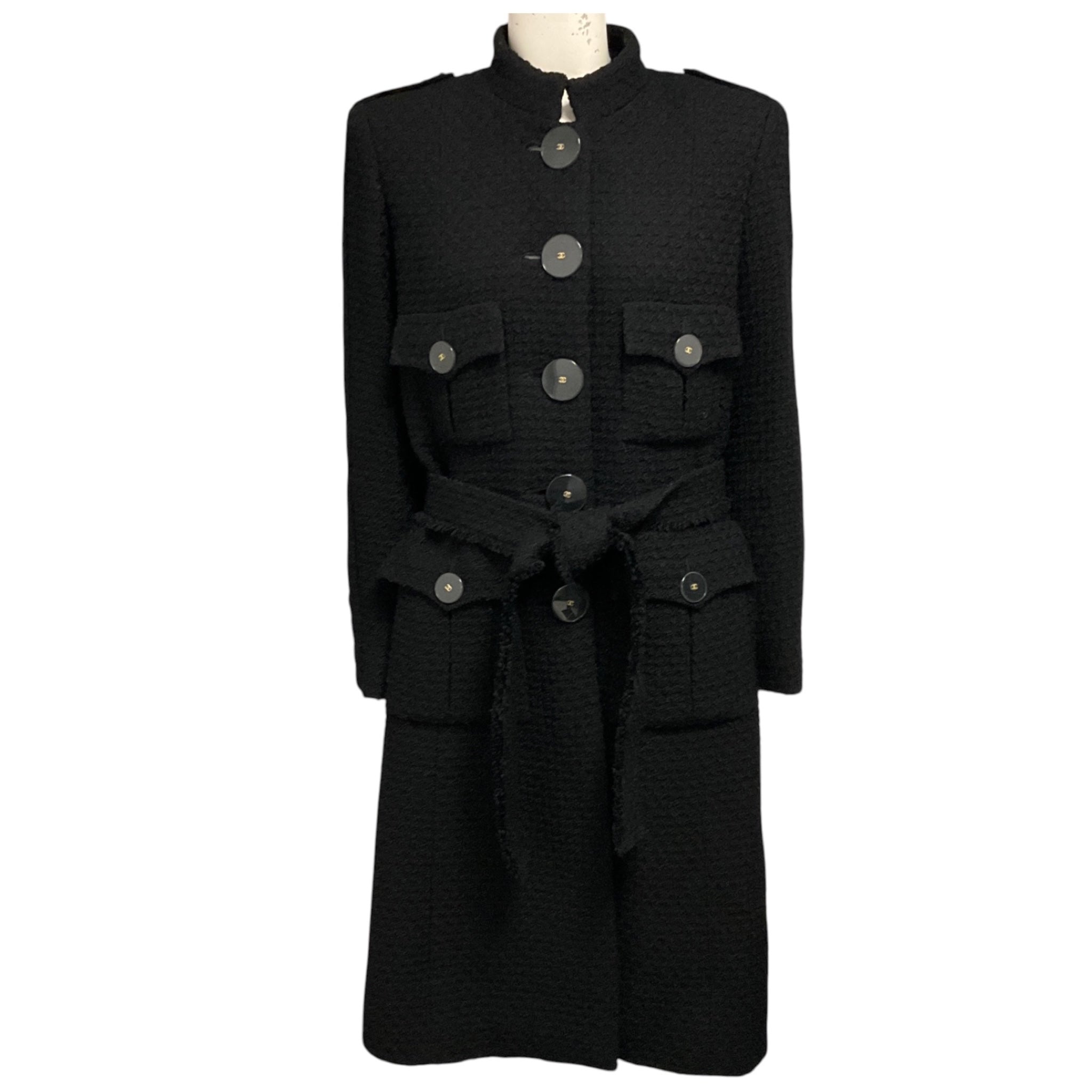 Chanel Black 2017 Black Belted Mid Length Wool Tweed Coat with CC Logo Lucite Buttons