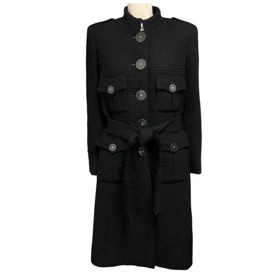 Chanel Black 2017 Black Belted Mid Length Wool Tweed Coat with CC Logo Lucite Buttons