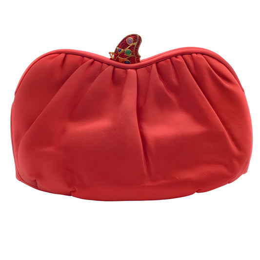 Judith Leiber Red Satin Clutch with Embellished Butterfly Clasp