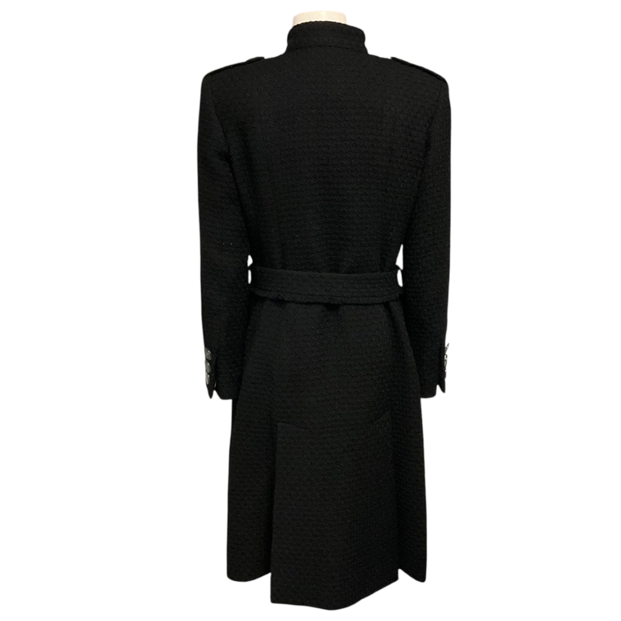 Chanel Black 2017 Black Belted Mid Length Wool Tweed Coat with CC Logo Lucite Buttons