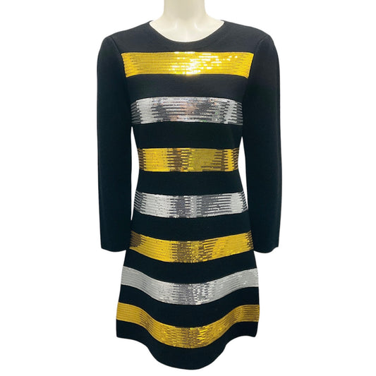 Carolina Herrera Black / Silver / Gold Sequined Striped Long Sleeved Knit Dress