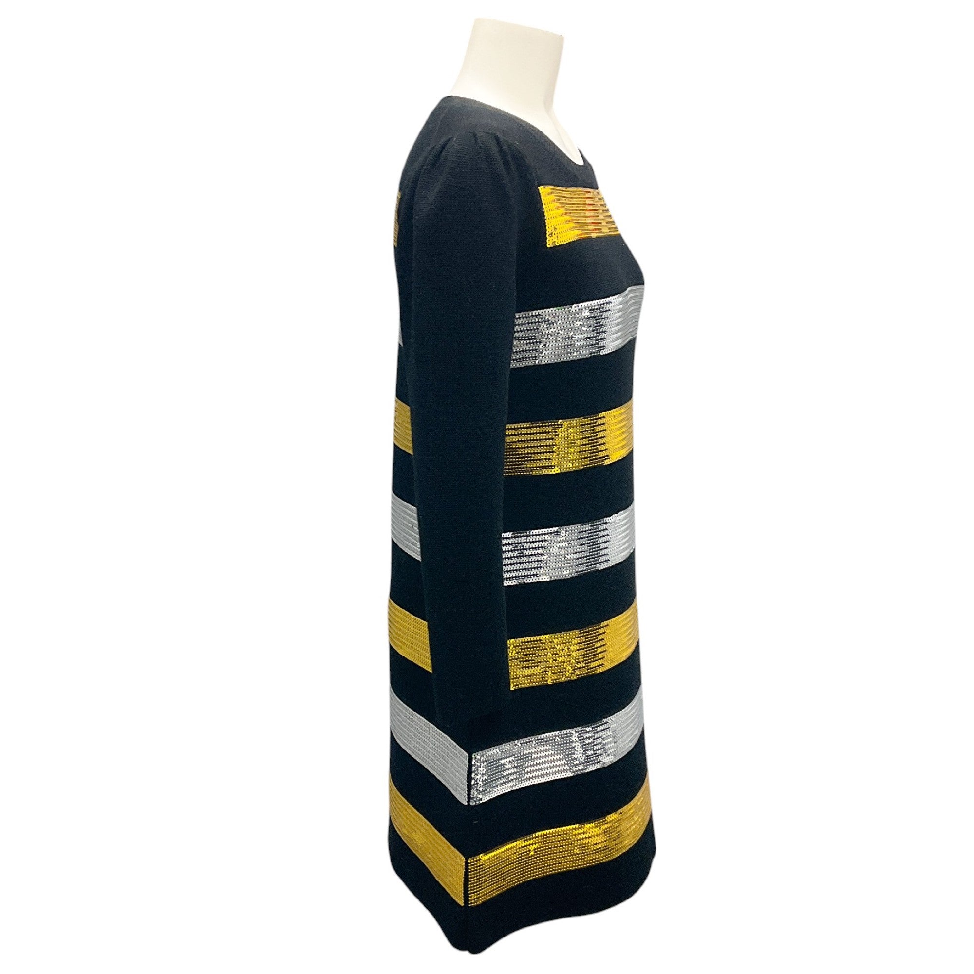 Carolina Herrera Black / Silver / Gold Sequined Striped Long Sleeved Knit Dress