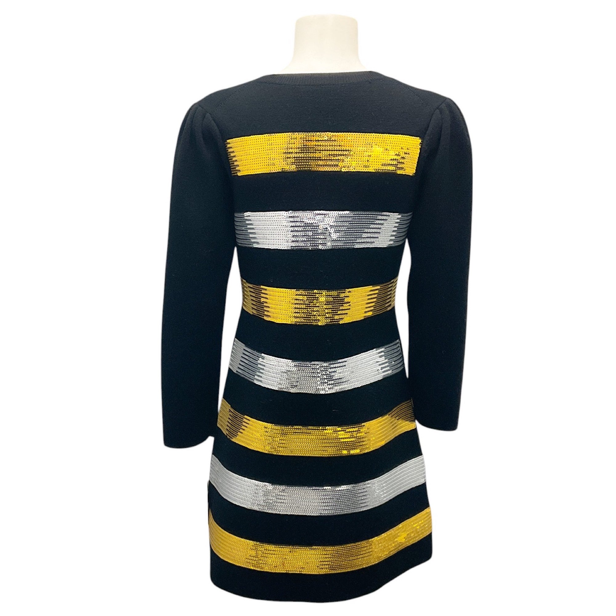 Carolina Herrera Black / Silver / Gold Sequined Striped Long Sleeved Knit Dress