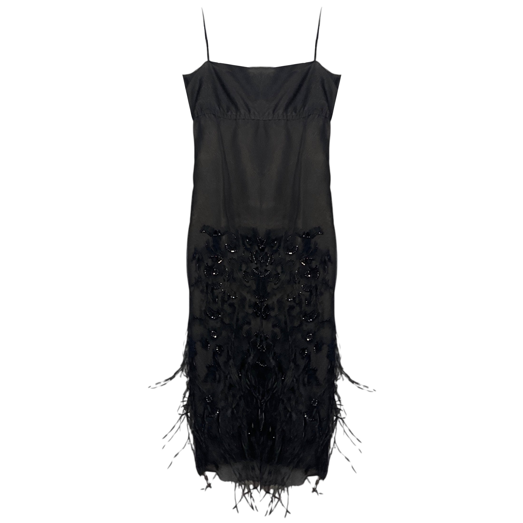 Chanel Black Bead and Feather Embellished Mesh Tulle Cocktail Dress