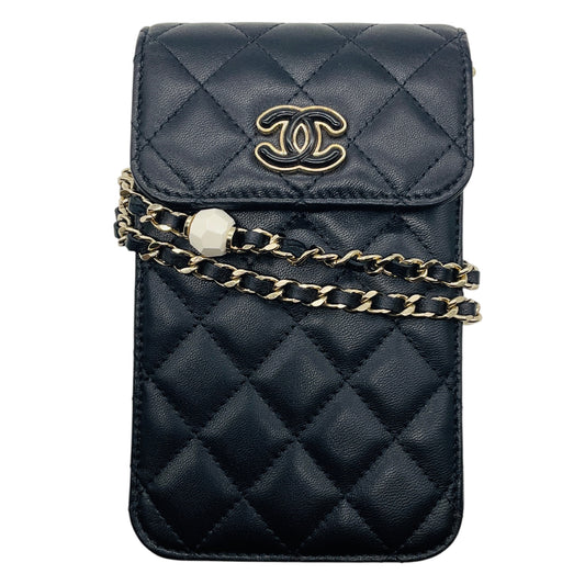 Chanel Black CC Logo Resin Heart Classic Quilted Leather Phone Holder Bag with Chain Strap and Gold Hardware