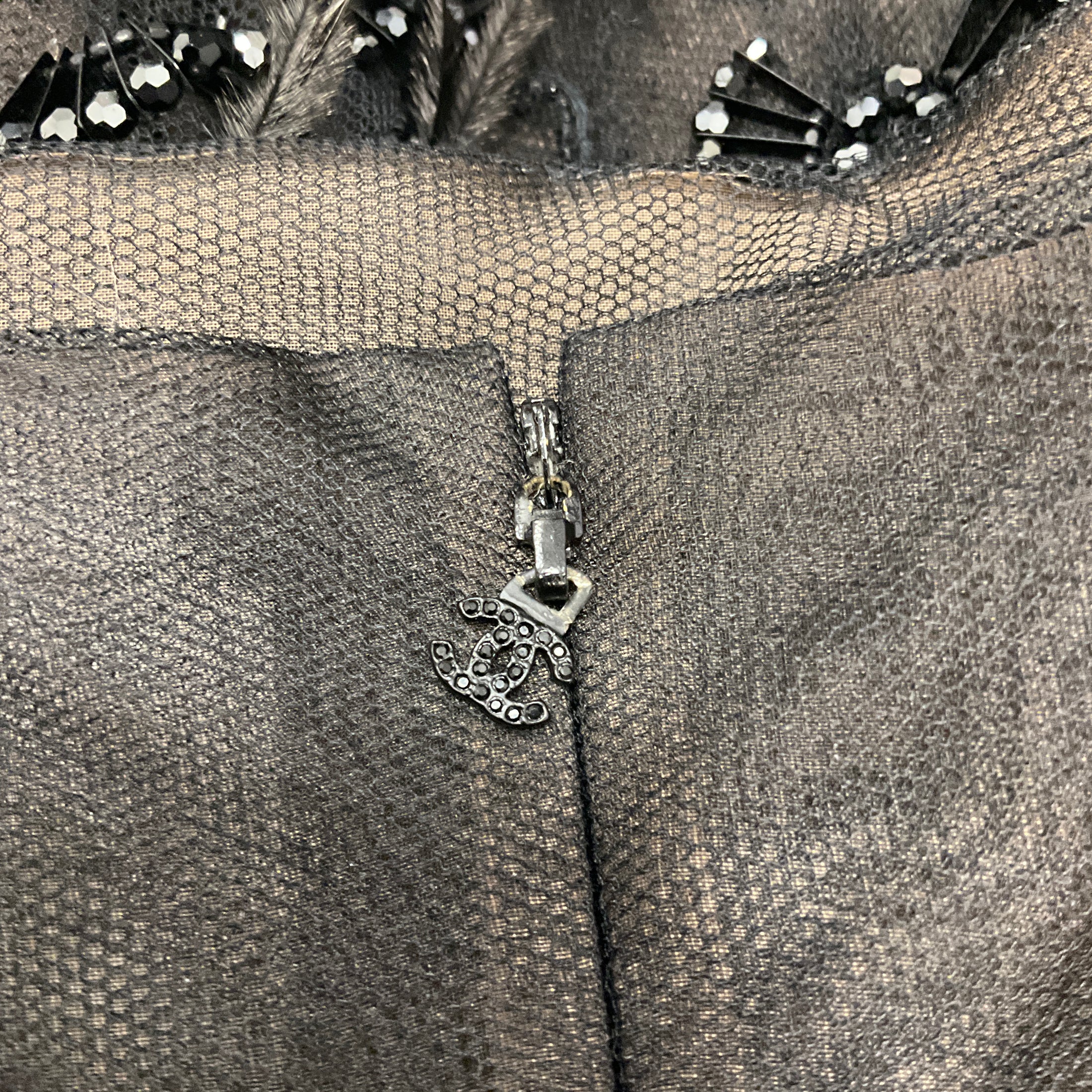 Chanel Black Bead and Feather Embellished Mesh Tulle Cocktail Dress