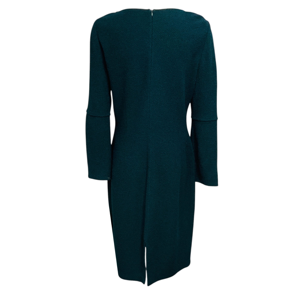 St. John Teal Green Long Sleeved Boucle Wool Knit Midi Dress with Slits
