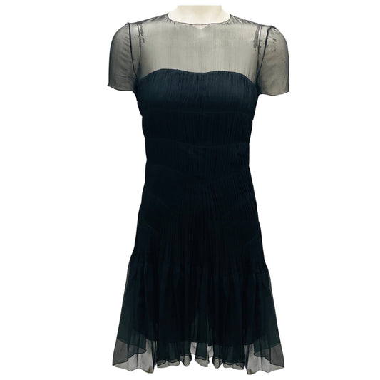Chanel Black 2005 Short Sleeved Pleated Silk Chiffon Cocktail Dress
